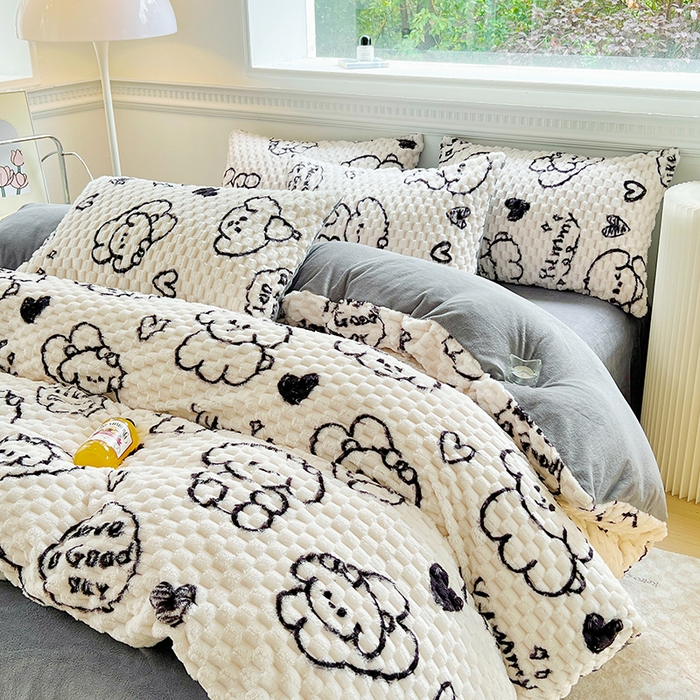 91家纺网 家纺一手货源 找家纺 宜代光年 2025新款大豆绒提花系列四件套（提供买家秀）-印花款 大豆绒-涂鸦小狗