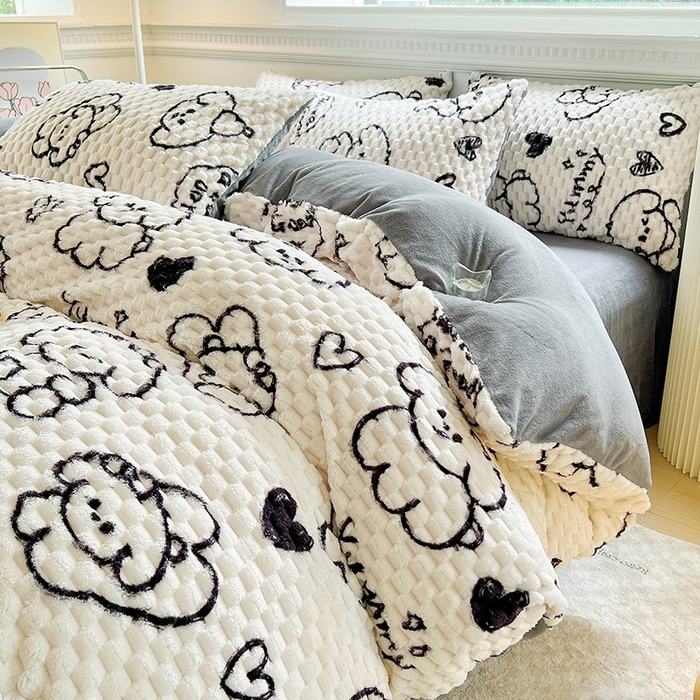 91家纺网 家纺一手货源 找家纺 宜代光年 2025新款大豆绒提花系列四件套（提供买家秀）-印花款 大豆绒-涂鸦小狗