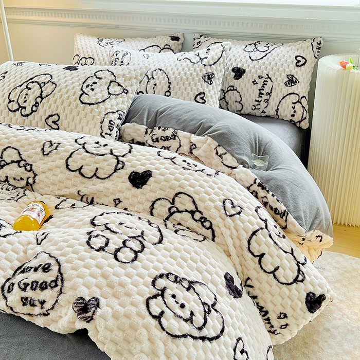 91家纺网 家纺一手货源 找家纺 宜代光年 2025新款大豆绒提花系列四件套（提供买家秀）-印花款 大豆绒-涂鸦小狗