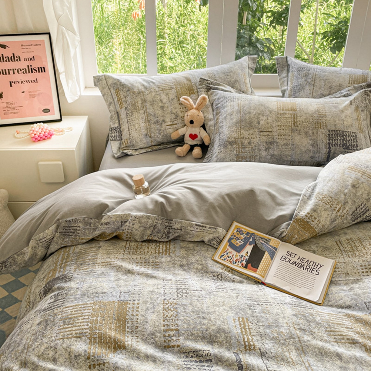 91家纺网 家纺一手货源 找家纺 仔仔熊 2025新款磨毛四件套系列 雅灰格纹