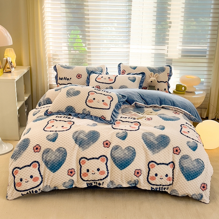 91家纺网 家纺一手货源 找家纺 宜代光年 2025新款大豆绒提花系列四件套（提供买家秀）-印花款 大豆绒-蓝色小熊