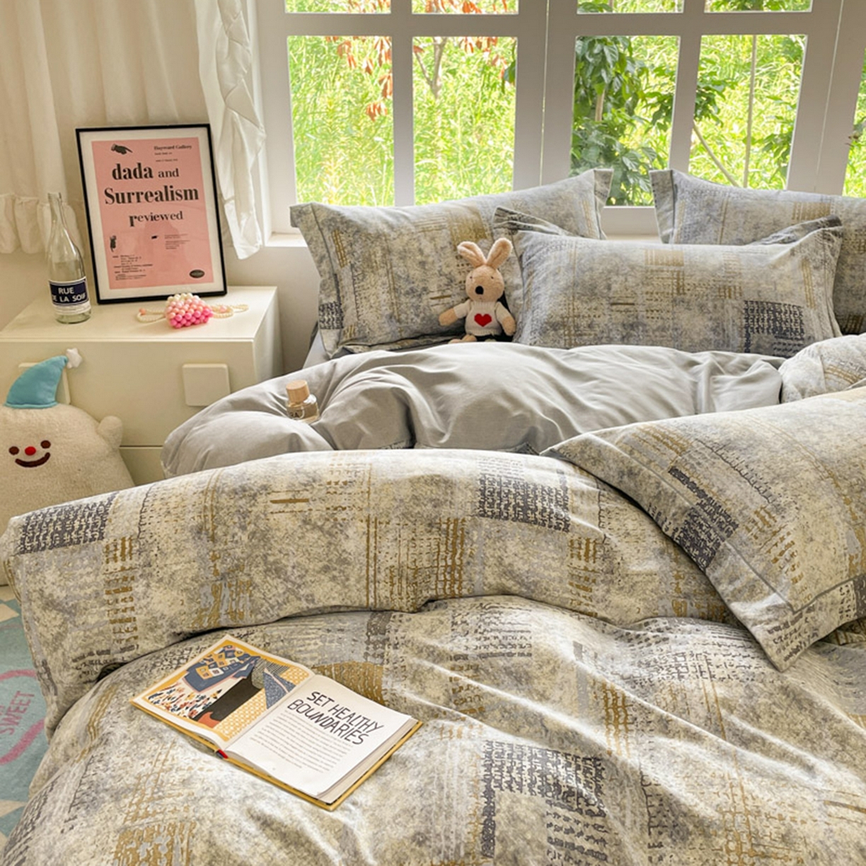 91家纺网 家纺一手货源 找家纺 仔仔熊 2025新款磨毛四件套系列 雅灰格纹