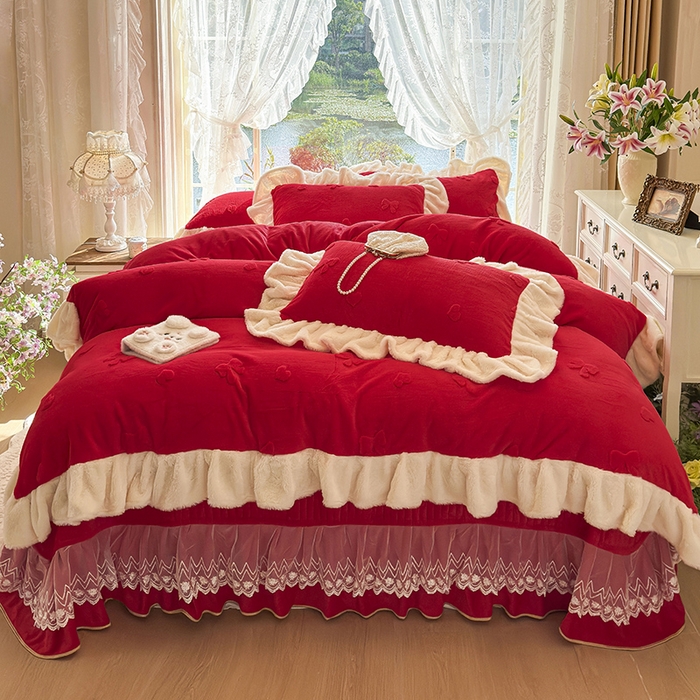 宜凡家纺 2025新款兔绒提花牛奶绒夹棉床盖四件套 蝶舞 大红