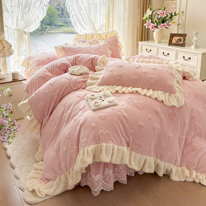 91家纺网 家纺一手货源 找家纺 （总）宜凡家纺 2025新款兔绒提花牛奶绒夹棉床裙四件套