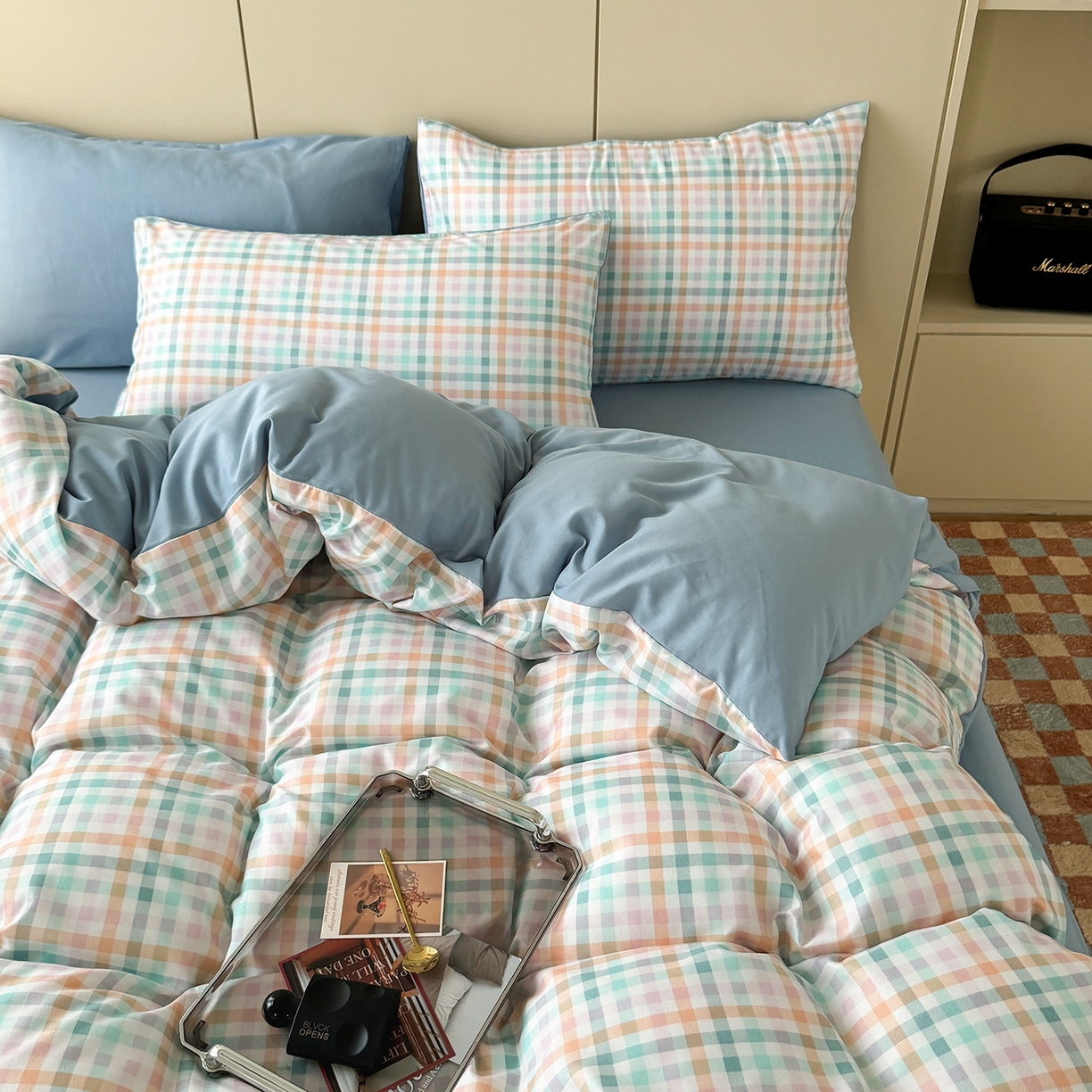 十一家居 2025年秋冬新款A类亲肤云朵水洗棉无印风四件套-叙境系列 糖果小格+海青蓝