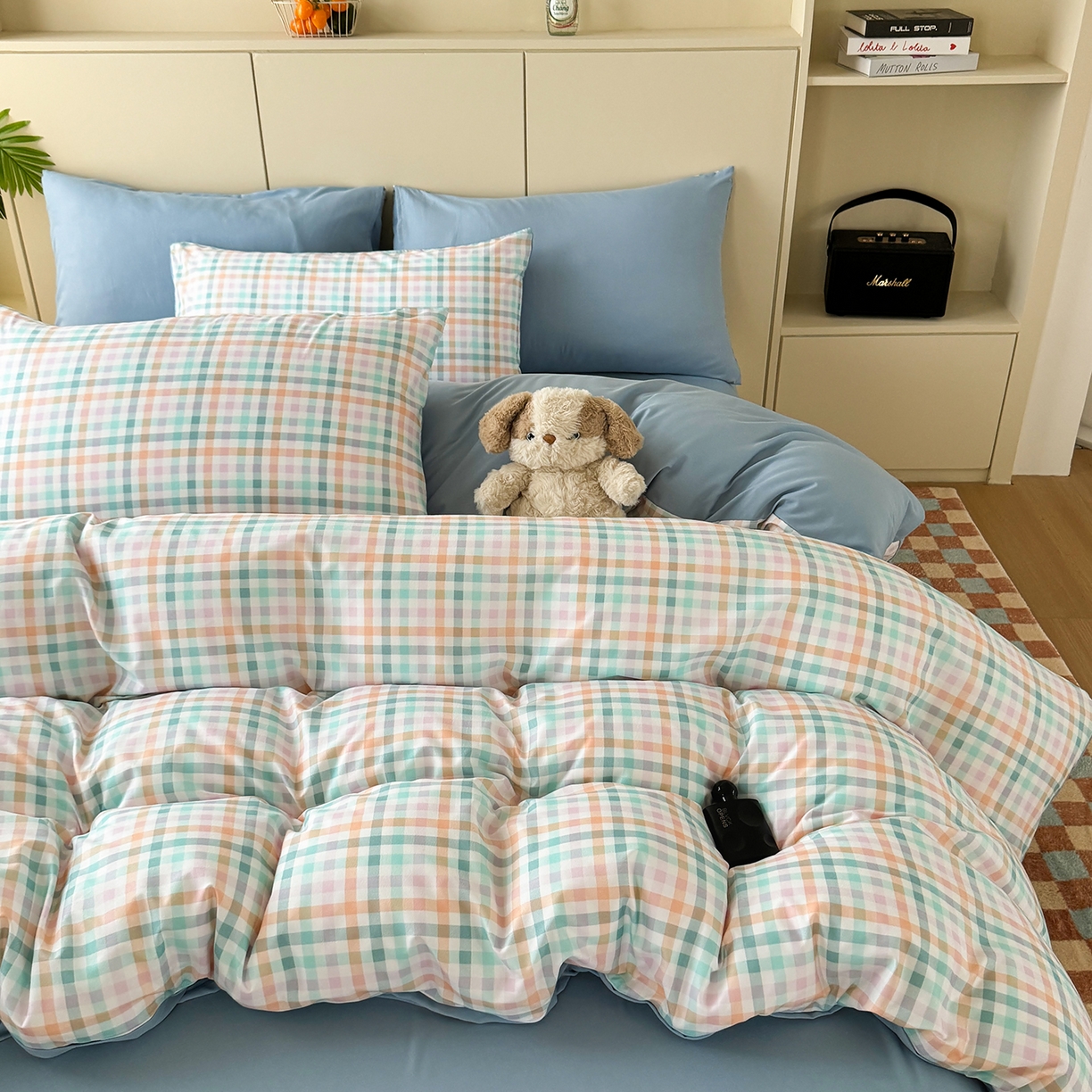 91家纺网 家纺一手货源 找家纺 十一家居 2025年秋冬新款A类亲肤云朵水洗棉无印风四件套-叙境系列 糖果小格+海青蓝