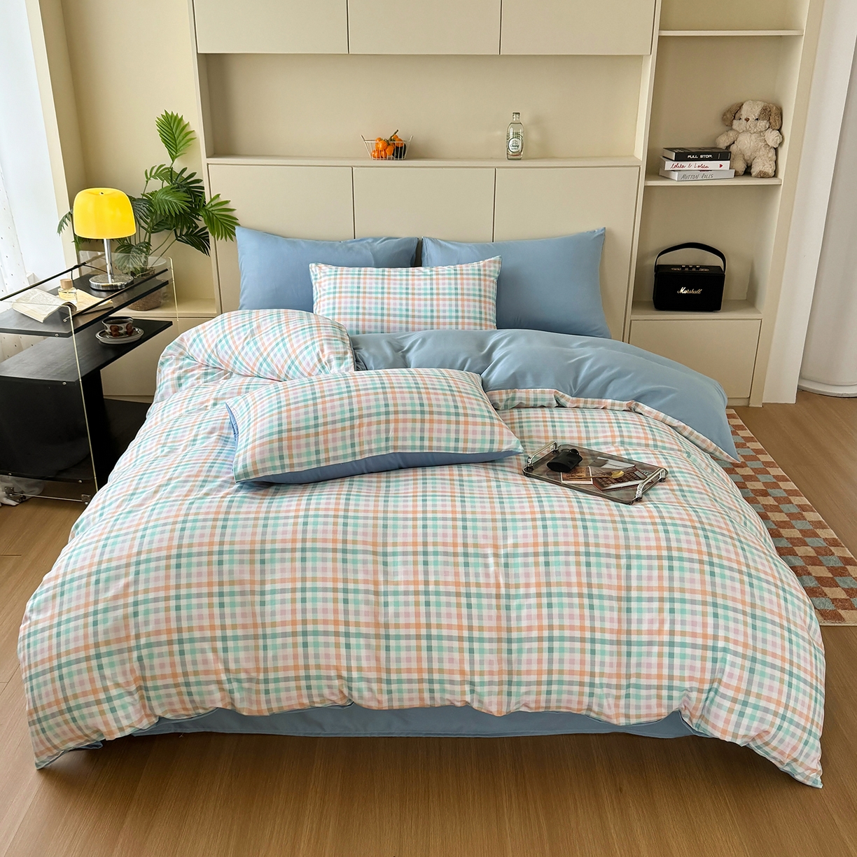 91家纺网 家纺一手货源 找家纺 十一家居 2025年秋冬新款A类亲肤云朵水洗棉无印风四件套-叙境系列 糖果小格+海青蓝