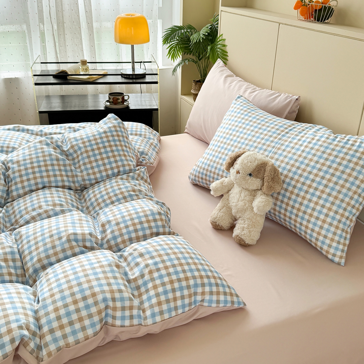 91家纺网 家纺一手货源 找家纺 十一家居 2025年秋冬新款A类亲肤云朵水洗棉无印风四件套-叙境系列 蓝咖小格+咖色