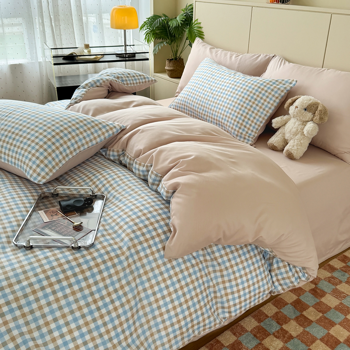 91家纺网 家纺一手货源 找家纺 十一家居 2025年秋冬新款A类亲肤云朵水洗棉无印风四件套-叙境系列 蓝咖小格+咖色