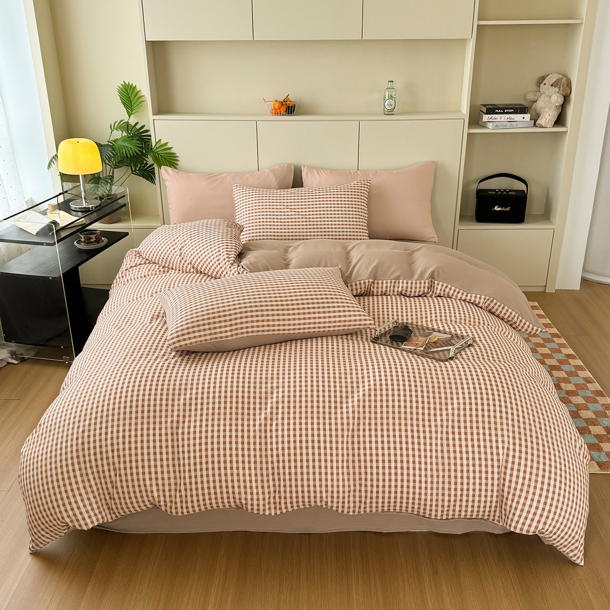 91家纺网 家纺一手货源 找家纺 十一家居 2025年秋冬新款A类亲肤云朵水洗棉无印风四件套-叙境系列 豆沙小格+粉玉