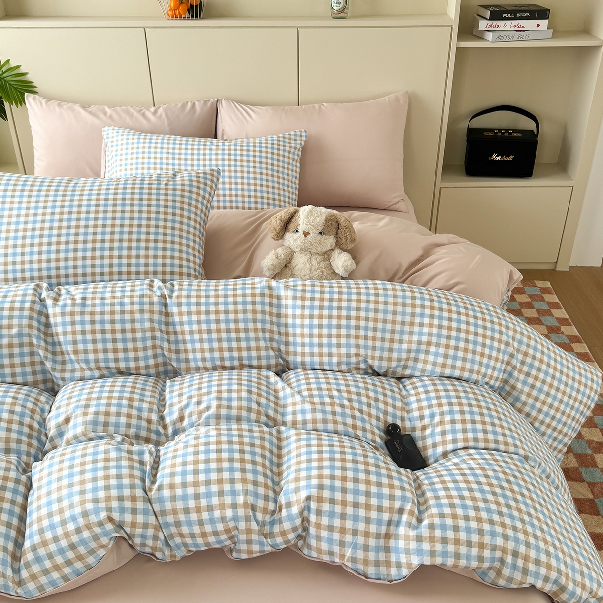 91家纺网 家纺一手货源 找家纺 十一家居 2025年秋冬新款A类亲肤云朵水洗棉无印风四件套-叙境系列 蓝咖小格+咖色