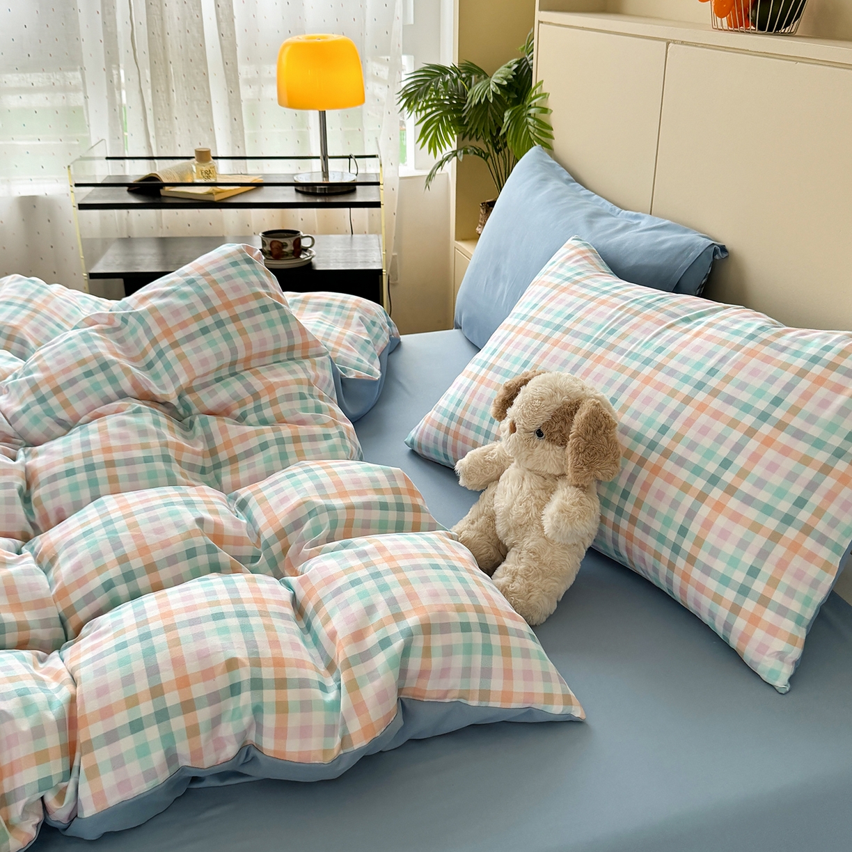 91家纺网 家纺一手货源 找家纺 十一家居 2025年秋冬新款A类亲肤云朵水洗棉无印风四件套-叙境系列 糖果小格+海青蓝