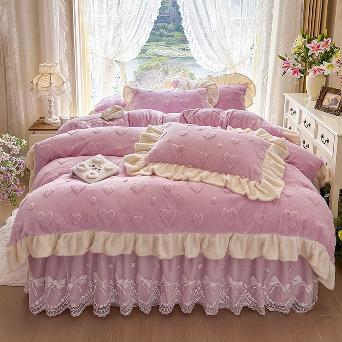 91家纺网 家纺一手货源 找家纺 （总）宜凡家纺 2025新款兔绒提花牛奶绒夹棉床裙四件套