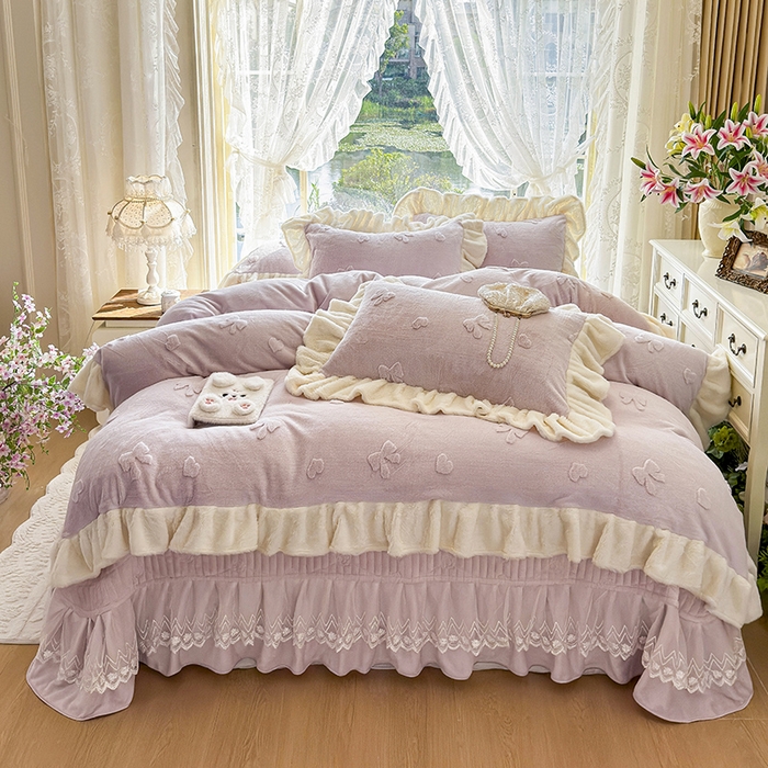 宜凡家纺 2025新款兔绒提花牛奶绒夹棉床盖四件套 蝶舞 浅紫