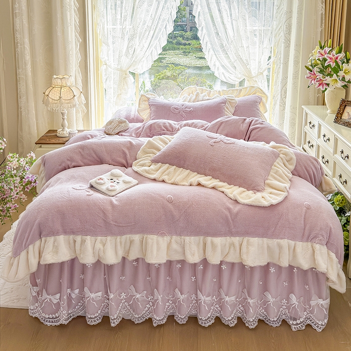 91家纺网 家纺一手货源 找家纺 （总）宜凡家纺 2025新款兔绒提花牛奶绒夹棉床裙四件套