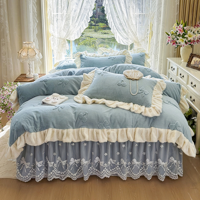 91家纺网 家纺一手货源 找家纺 （总）宜凡家纺 2025新款兔绒提花牛奶绒夹棉床裙四件套