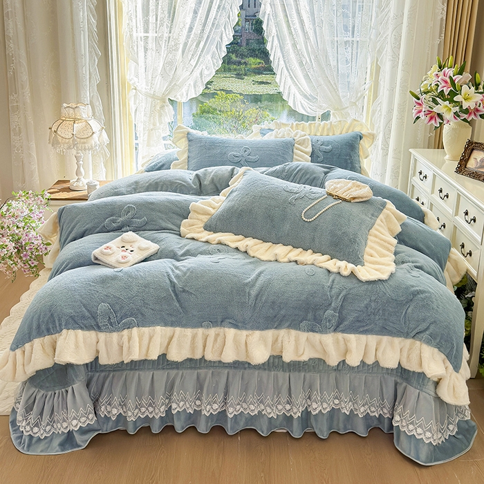 宜凡家纺 2025新款兔绒提花牛奶绒夹棉床盖四件套 简爱 苍青