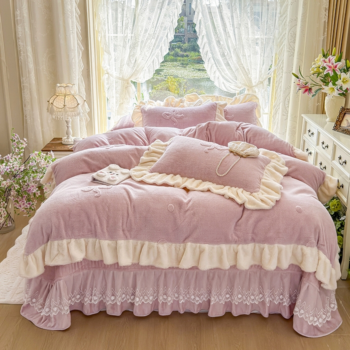 宜凡家纺 2025新款兔绒提花牛奶绒夹棉床盖四件套 简爱 豆沙紫