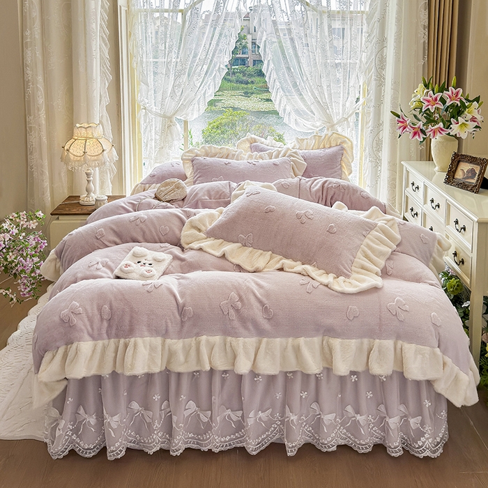 宜凡家纺 2025新款兔绒提花牛奶绒夹棉床裙四件套 蝶舞 浅紫