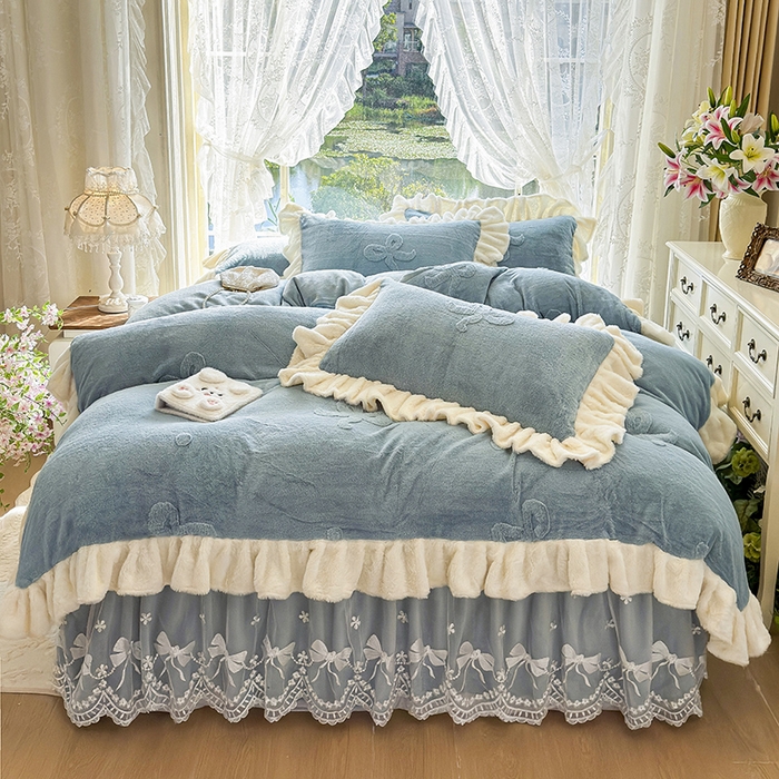 宜凡家纺 2025新款兔绒提花牛奶绒夹棉床裙四件套 简爱 苍青