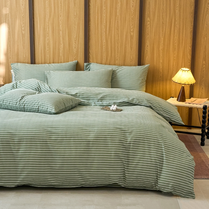 91家纺网 家纺一手货源 找家纺 春皖家纺 2025新款全棉原棉磨毛色织水洗四件套回暖系列-风格二 艾绿条