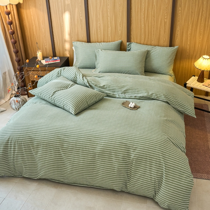 91家纺网 家纺一手货源 找家纺 春皖家纺 2025新款全棉原棉磨毛色织水洗四件套回暖系列-风格二 艾绿条