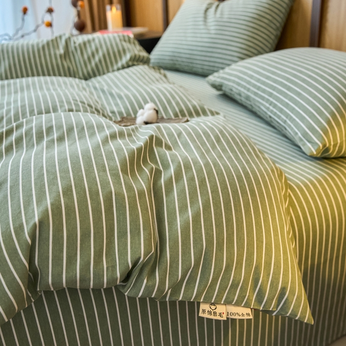 91家纺网 家纺一手货源 找家纺 春皖家纺 2025新款全棉原棉磨毛色织水洗四件套回暖系列-风格二 艾绿条