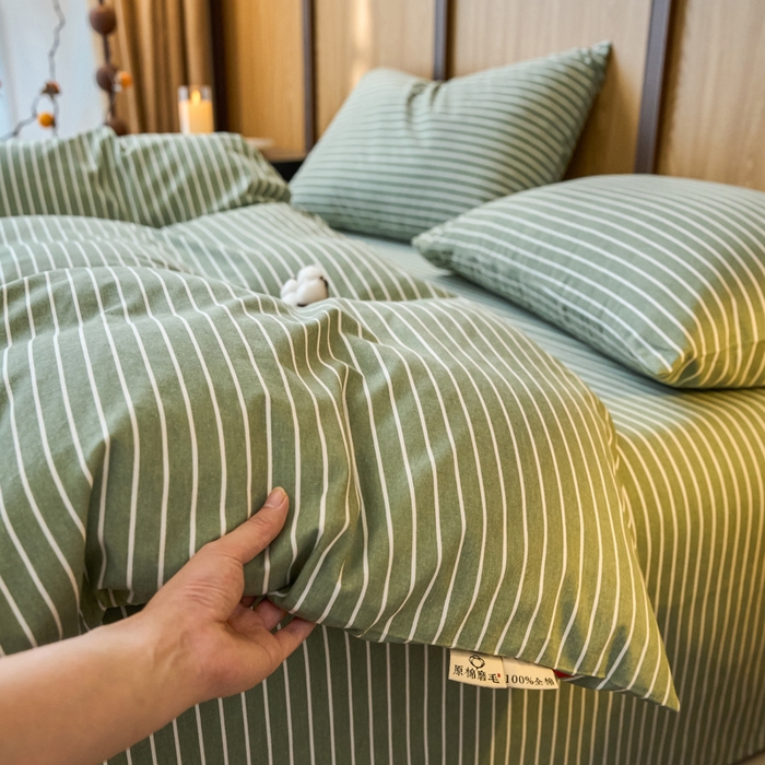 91家纺网 家纺一手货源 找家纺 春皖家纺 2025新款全棉原棉磨毛色织水洗四件套回暖系列-风格二 艾绿条