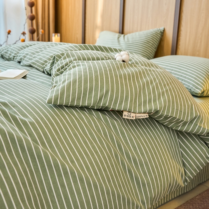 91家纺网 家纺一手货源 找家纺 春皖家纺 2025新款全棉原棉磨毛色织水洗四件套回暖系列-风格二 艾绿条