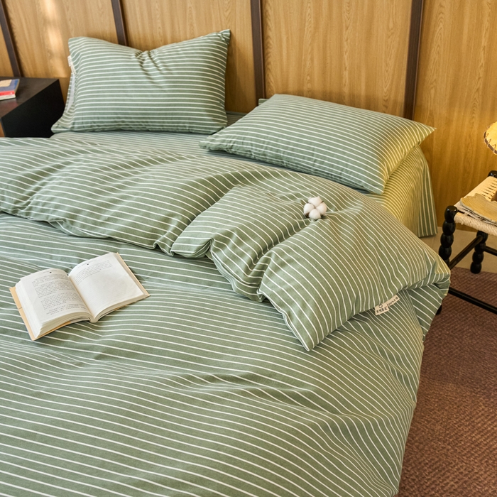 91家纺网 家纺一手货源 找家纺 春皖家纺 2025新款全棉原棉磨毛色织水洗四件套回暖系列-风格二 艾绿条