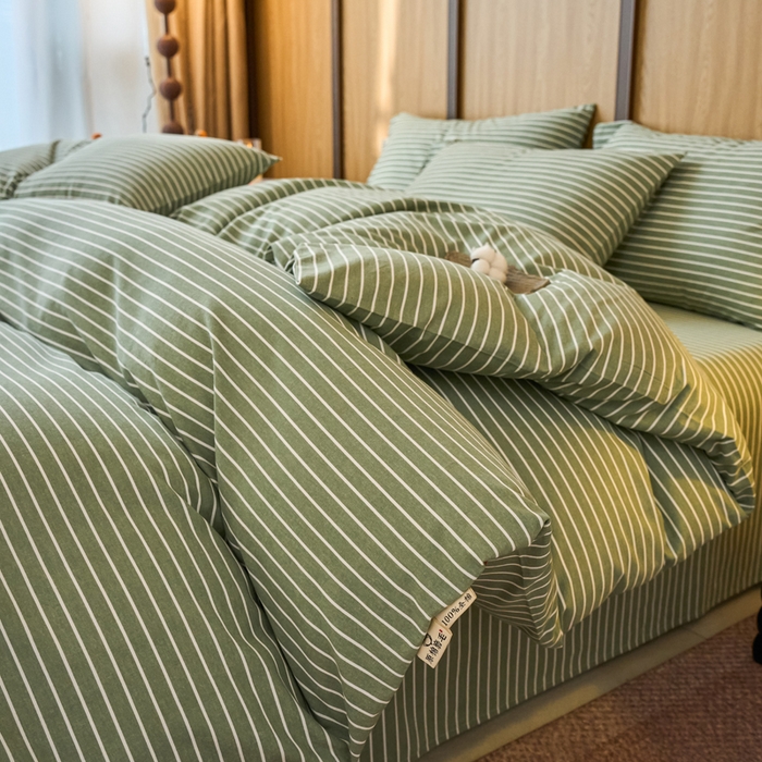 春皖家纺 2025新款全棉原棉磨毛色织水洗四件套回暖系列-风格二 艾绿条