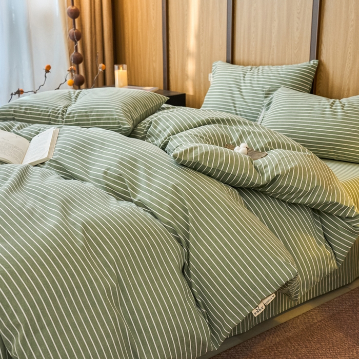 91家纺网 家纺一手货源 找家纺 春皖家纺 2025新款全棉原棉磨毛色织水洗四件套回暖系列-风格二 艾绿条