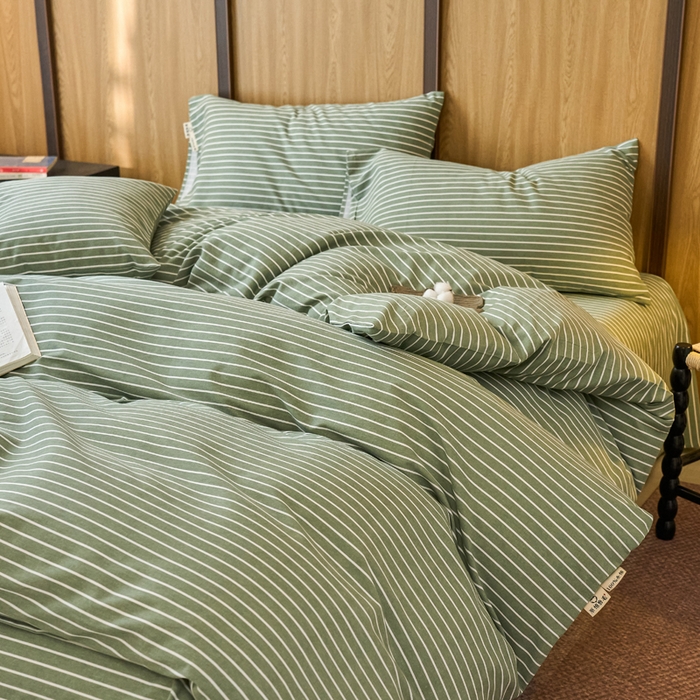 91家纺网 家纺一手货源 找家纺 春皖家纺 2025新款全棉原棉磨毛色织水洗四件套回暖系列-风格二 艾绿条