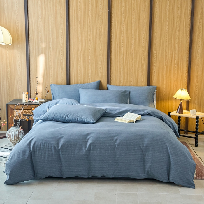 91家纺网 家纺一手货源 找家纺 春皖家纺 2025新款全棉原棉磨毛色织水洗四件套回暖系列-风格二 柏林蓝