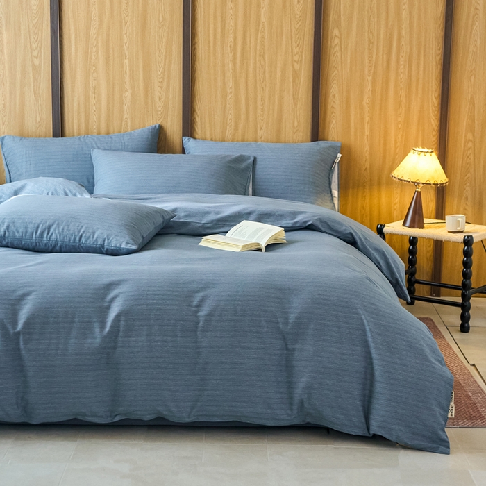 91家纺网 家纺一手货源 找家纺 春皖家纺 2025新款全棉原棉磨毛色织水洗四件套回暖系列-风格二 柏林蓝