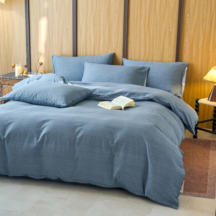 91家纺网 家纺一手货源 找家纺 春皖家纺 2025新款全棉原棉磨毛色织水洗四件套回暖系列-风格二 柏林蓝