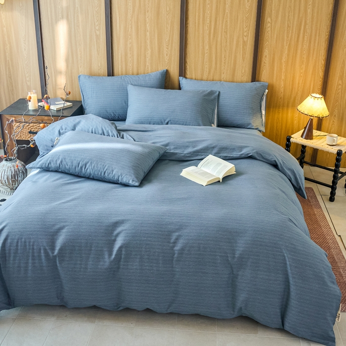 91家纺网 家纺一手货源 找家纺 春皖家纺 2025新款全棉原棉磨毛色织水洗四件套回暖系列-风格二 柏林蓝