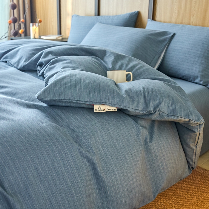 91家纺网 家纺一手货源 找家纺 春皖家纺 2025新款全棉原棉磨毛色织水洗四件套回暖系列-风格二 柏林蓝