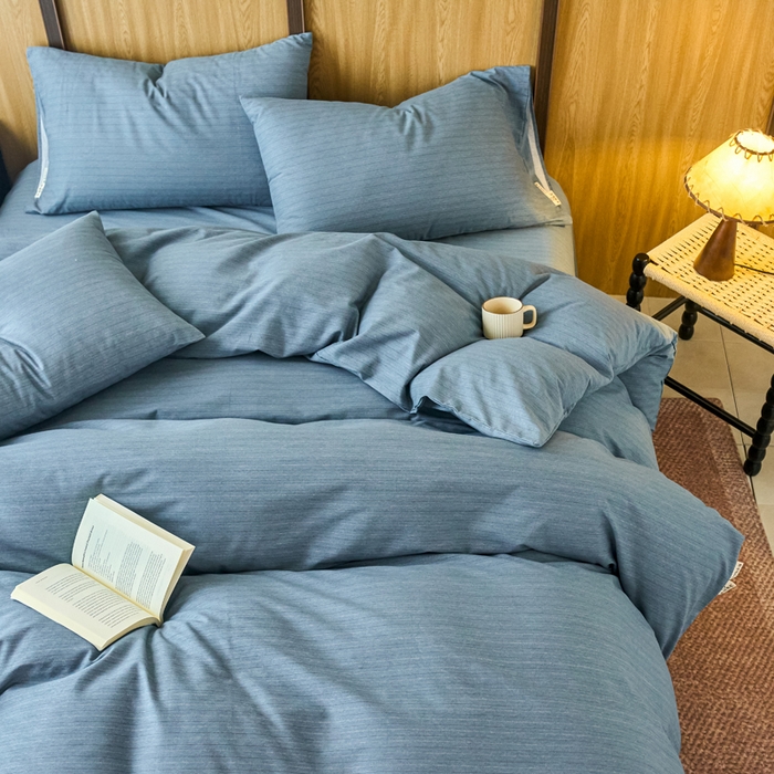 91家纺网 家纺一手货源 找家纺 春皖家纺 2025新款全棉原棉磨毛色织水洗四件套回暖系列-风格二 柏林蓝