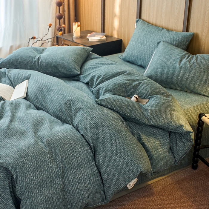 91家纺网 家纺一手货源 找家纺 春皖家纺 2025新款全棉原棉磨毛色织水洗四件套回暖系列-风格二 简森绿