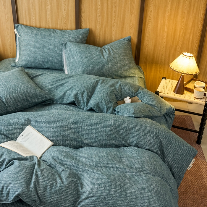 91家纺网 家纺一手货源 找家纺 春皖家纺 2025新款全棉原棉磨毛色织水洗四件套回暖系列-风格二 简森绿