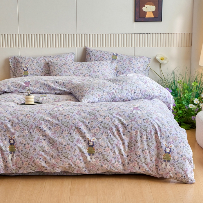 91家纺网 家纺一手货源 找家纺 春皖家纺 2025新款全棉原棉磨毛色织水洗四件套回暖系列-风格二 萌萌兔