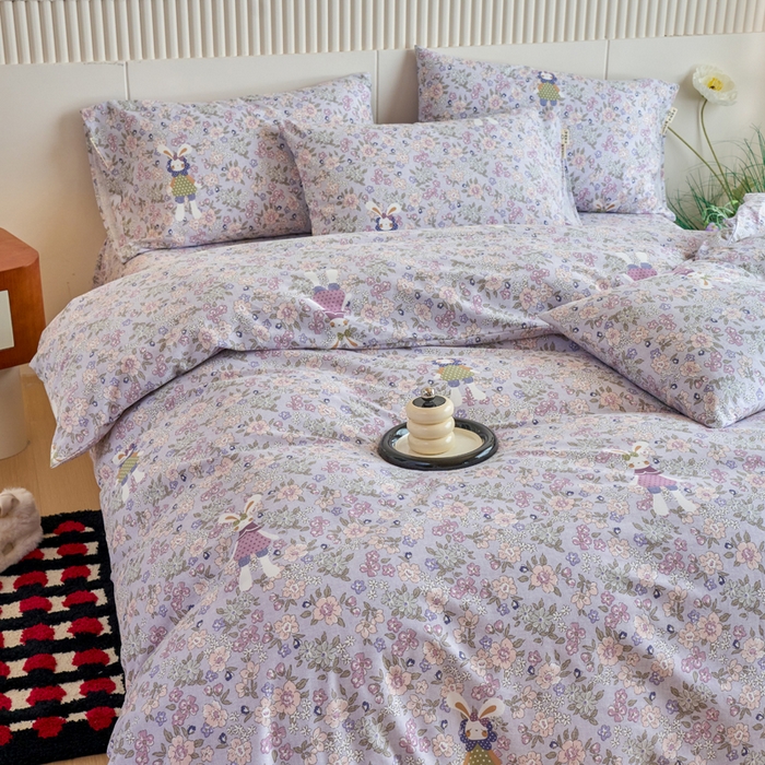 91家纺网 家纺一手货源 找家纺 春皖家纺 2025新款全棉原棉磨毛色织水洗四件套回暖系列-风格二 萌萌兔