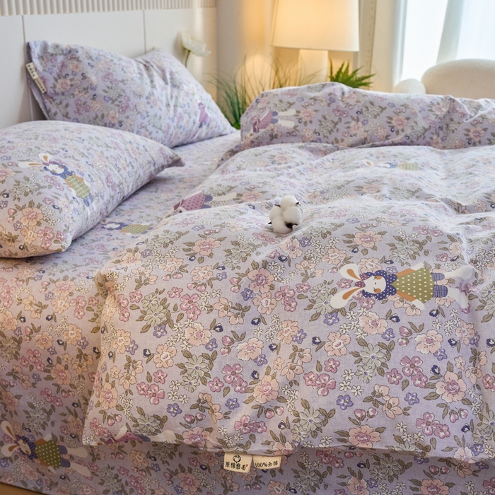 91家纺网 家纺一手货源 找家纺 春皖家纺 2025新款全棉原棉磨毛色织水洗四件套回暖系列-风格二 萌萌兔