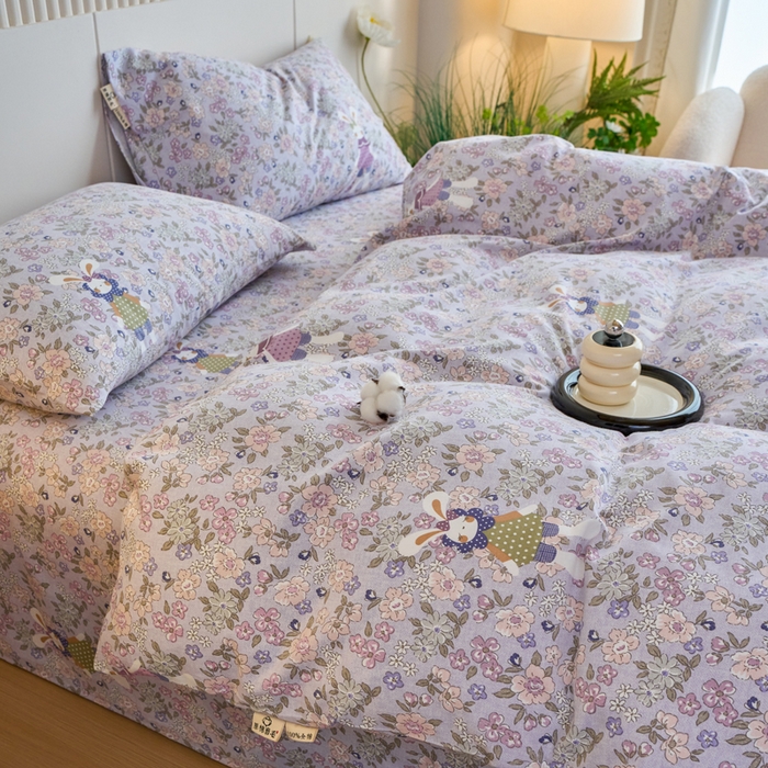 91家纺网 家纺一手货源 找家纺 春皖家纺 2025新款全棉原棉磨毛色织水洗四件套回暖系列-风格二 萌萌兔