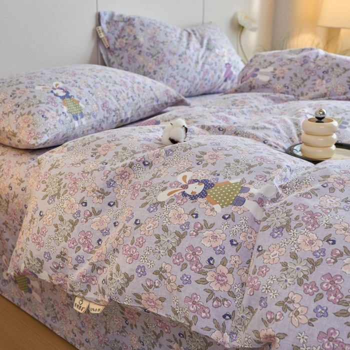 91家纺网 家纺一手货源 找家纺 春皖家纺 2025新款全棉原棉磨毛色织水洗四件套回暖系列-风格二 萌萌兔