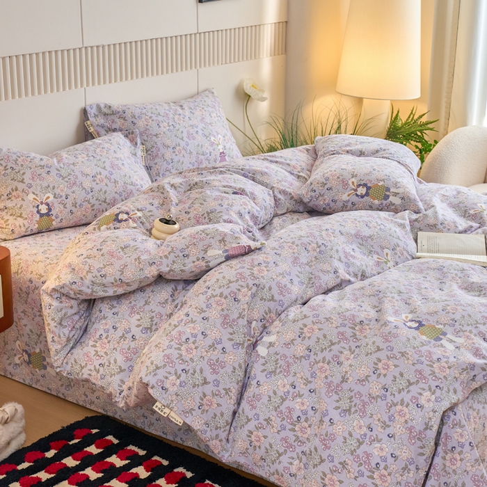 91家纺网 家纺一手货源 找家纺 春皖家纺 2025新款全棉原棉磨毛色织水洗四件套回暖系列-风格二 萌萌兔