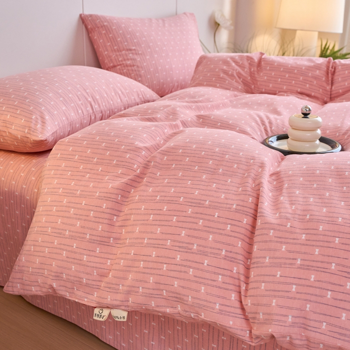 91家纺网 家纺一手货源 找家纺 春皖家纺 2025新款全棉原棉磨毛色织水洗四件套回暖系列-风格二 梦妮粉