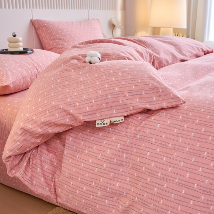 91家纺网 家纺一手货源 找家纺 春皖家纺 2025新款全棉原棉磨毛色织水洗四件套回暖系列-风格二 梦妮粉