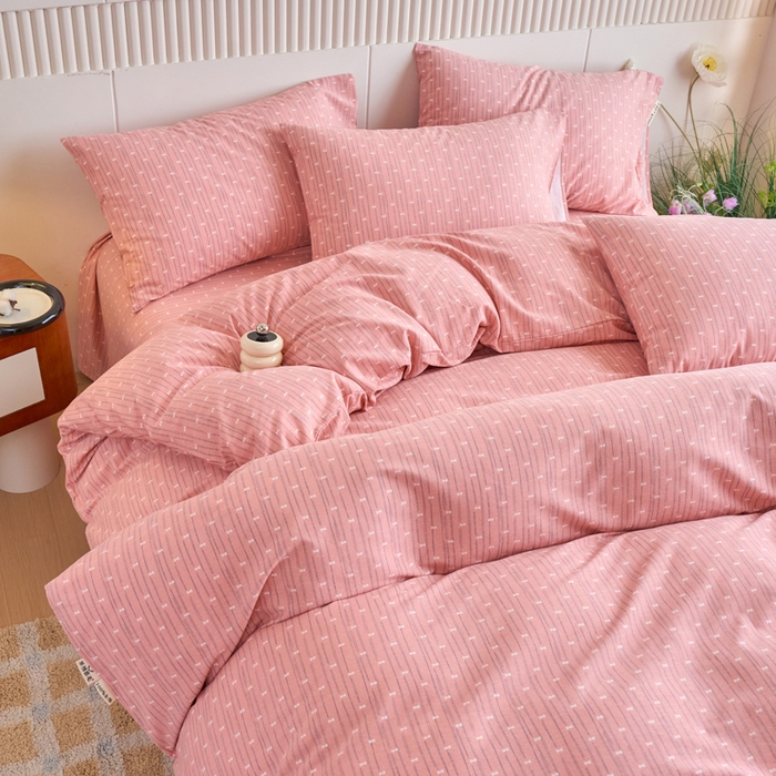 91家纺网 家纺一手货源 找家纺 春皖家纺 2025新款全棉原棉磨毛色织水洗四件套回暖系列-风格二 梦妮粉